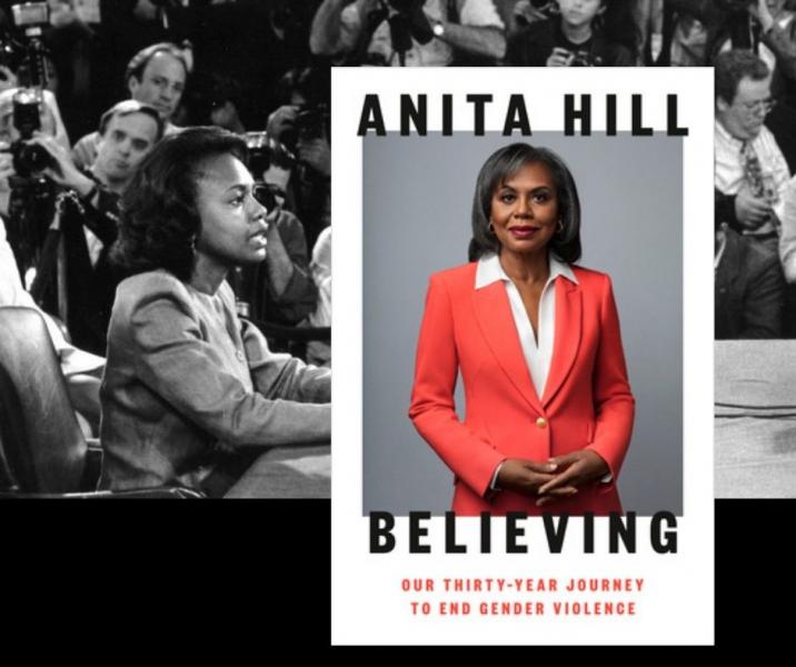 Book cover of Believing, by Anita Hill, against backdrop of her testimony in the Clarence Thomas hearings.